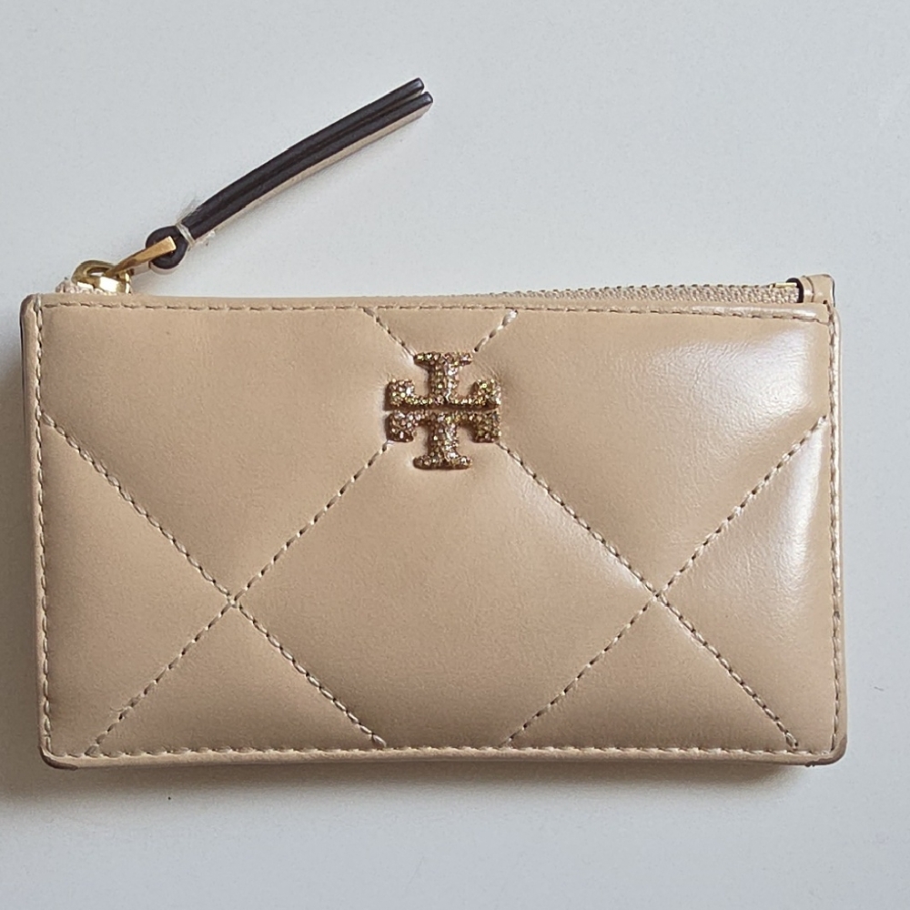 Tory Burch Small Beige Pave Diamond Quilted Leather Card Case